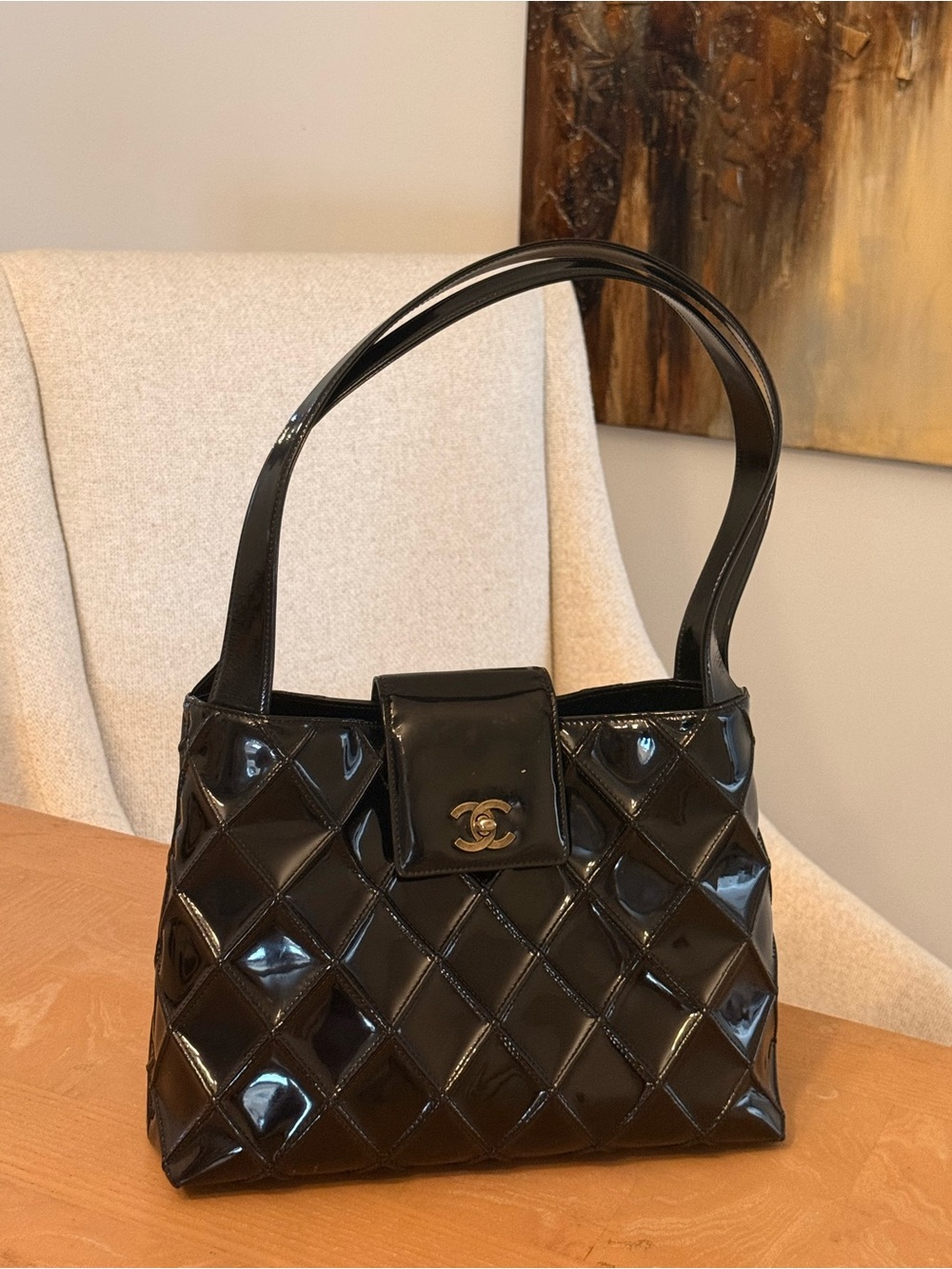 CHANEL Black Quilted Patent Shoulder Bag with CC Flap